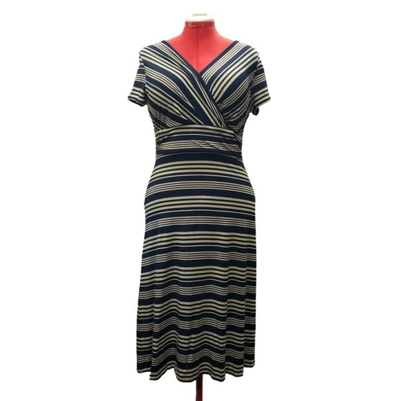 Talbots Faux Wrap Dress, Navy & Beige Striped, M, Short Sleeve, Rayon/Spandex - Picture 1 of 8